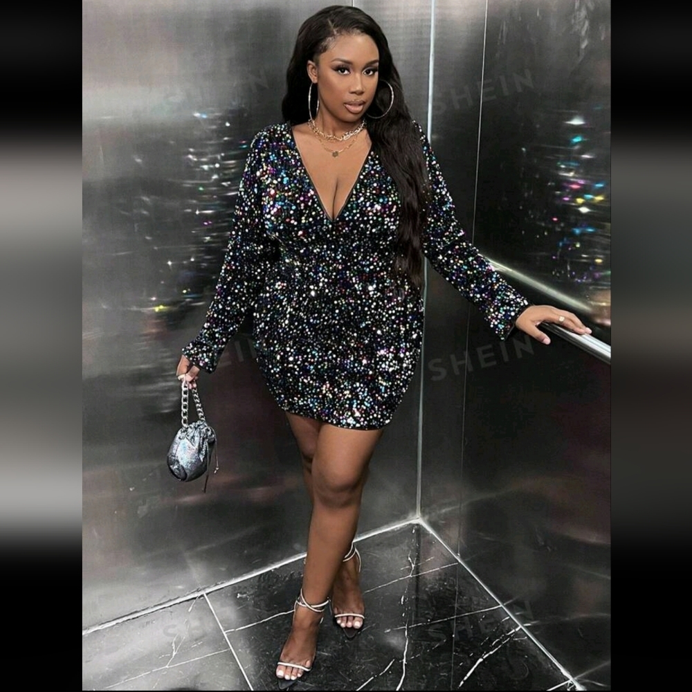 SHEIN Slayr Plus Plunging Neck Sequin Bodycon Dress